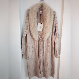 Cozy Tan Brown Cable Knit Cardigan Overcoat with Faux Fur Collar Trim Size XL